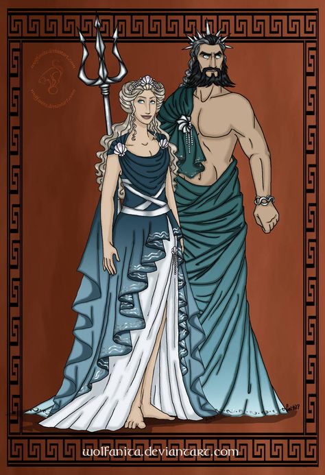 GodsOfAncientGreeceCouples:Poseidon and Amphitrite by https://www.deviantart.com/wolfanita on @DeviantArt Poseidon Amphitrite, Poseidon And Amphitrite, Greek Dress, Zeus And Hera, World Mythology, Greek Mythology Gods, Roman Gods, Greek Gods And Goddesses, Greek And Roman Mythology