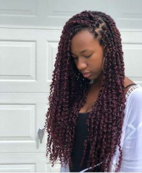 Modern Hairstyles for African American Birthday Ladies | New Natural Hairstyles Twist Hairstyles Color, Senegalese Twist Hairstyles Color, Burgundy Passion Twists, Senegalese Twist Hairstyles, Hairstyles Color, Passion Twists, Birthday Hairstyles, Twist Ponytail, Twist Braid Hairstyles