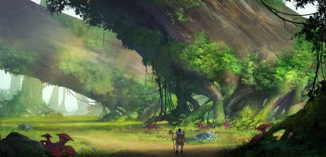 Huge trees in forest, Jung yeoll Kim on ArtStation at https://www.artstation.com/artwork/d930W Trees In Forest, Giant Tree, Tree Artwork, Landscape Concept, Fantasy Forest, Fantasy Setting, Fantasy Places, Forest Art, Fantasy Art Landscapes