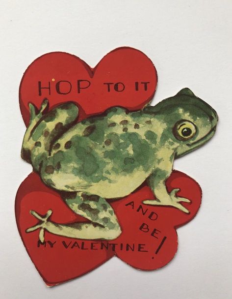 Vintage Die Cut Valentine Card Frog Toad Heart Animal Pet Lily Pad Art Hop Green Frog Wearing Hat, Frog Valentine, Childrens Valentines, Punny Valentines, Vintage Frog, Vintage Valentine Cards, Valentine Greeting Cards, Valentines Greetings, Leap Frog