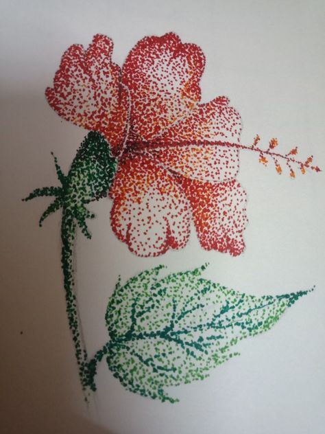 Creative|colourful stippling art|Habiscus /China rose|Flower stippling Stippling Art Colourful, Stippling Nature Art, Stippling Art Color, Sketchpen Drawings Ideas, Doted Art Drawing, Flower Stippling, Dot Art Drawing Ideas, Stippling Painting, Stippling Art Ideas