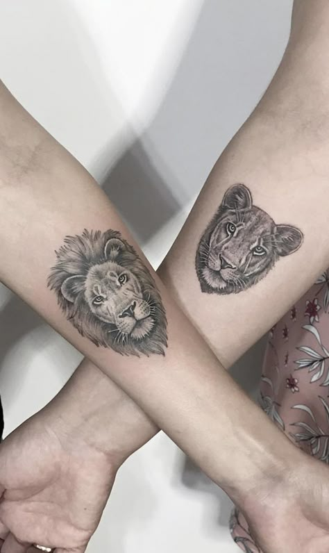 Couples Lion Tattoo, Creative Couple Tattoos, Lion And Lioness Tattoo, Matching Tattoo Designs, Pair Tattoos, Arm Tattoos Drawing, Couple Tattoos Love, Lioness Tattoo, Lion Tattoo Sleeves