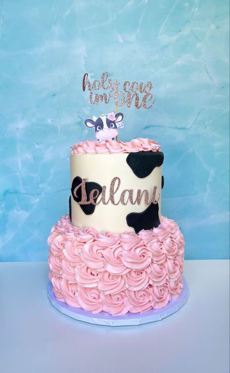 Two Tier Cow Print Cake, Pink Cow Cake Ideas, Cow Print And Pink Cake, Pink Cow Birthday Cake, Cow Print Cakes Birthday, Holy Cow Im One Birthday Girl Cake, My First Rodeo Birthday Girl Cake, Pink Cow Print Birthday Party, Cow Themed Birthday Cake