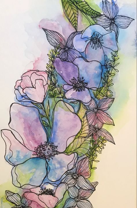 Water Colour And Ink Drawing, Flower Doodles Watercolor, Watercolour With Pen Outline, Ink And Watercolor Art Illustrations, Watercolor And Marker Art, Pen And Ink Flowers Drawings, Pen Over Watercolor, Watercolor With Ink, Reverse Coloring Ideas