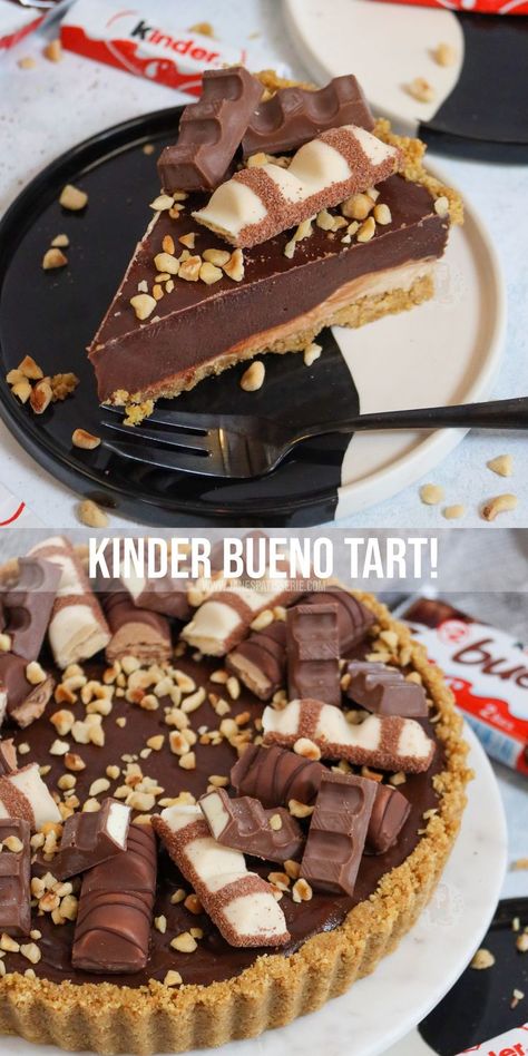 A delicious no-bake kinder bueno tart with a biscuit base, white chocolate hazelnut filling, hazelnut chocolate ganache and more. Biscuit Base Recipe, Baking Recipes Uk, Easter Tart, Hazelnut Filling, Mini Tart Recipes, Chocolate And Raspberry Tart, Janes Patisserie, Hazelnut Chocolate, Raw Cake