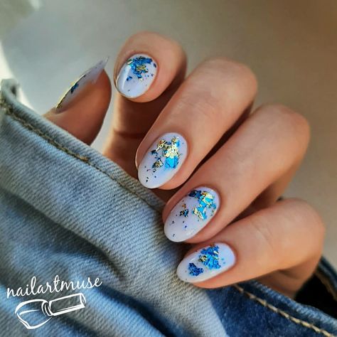 Lapis  Lazuli | Gemstone Nails | Blue and Gold Nails | Foil Nails | White Pearly Nails White Blue Gold Nails, Summer Foil Nails, Blue Nails With Foil, Blue White Gold Nails, Blue White And Gold Nails, Nails Blue And Gold, Blue Foil Nails, Pearly Nails, Blue And Gold Nails