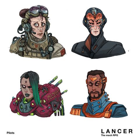 ABBADON @Orbitaldropkick More mech pilots for LANCER @Lancer_RPG, the mech role playing game I'm working on. This is sort of a companion to the first pilots I drew, with each pilot flavored after one of the four major mech corps. Lancer Rpg, Steampunk Character, Sci Fi Character Design, Pilots Art, Concept Draw, Role Playing Game, Cyberpunk Character, Cyberpunk Art, Character Design Animation