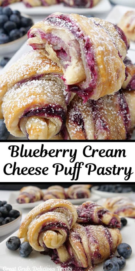 Blueberry Cream Cheese Puff Pastry is filled with a blueberry filling, a cream cheese mixture, baked to golden perfection, and dusted with powdered sugar. Lazy Day Dinner Ideas Healthy Recipes, New Wife Recipes, Rachel Cooks With Love Recipes Cinnamon Rolls, Picnic Baking Ideas, Recipes Using Pastry Flour, Faerie Food Recipes, American Meal Ideas, Pastry Ideas Creative, Colorful Baked Goods