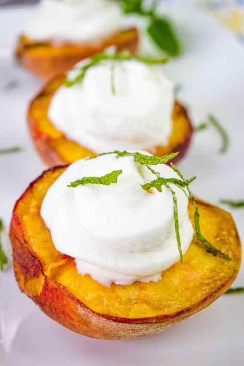 Smoked Peaches with Spiced Rum Whipped Cream - Cook What You Love Smoked Peaches, Bbq Deserts, Smoked Lamb, Smoked Pork Tenderloin, Pork Belly Tacos, Desserts Party, Cooking Spaghetti Squash, Recipes Fruit, Peach Dessert Recipes