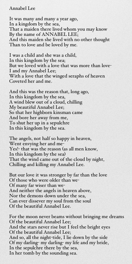 Annabel Lee - Edgar Allan Poe Anabelle Lee Edgar Allan Poe, Annabell Lee Edgar Allan Poe, Annabel Lee Tattoo, Annabel Lee Aesthetic, Edgar Allen Poe Annabel Lee, Poe Love Quotes, Annabel Lee Poem, Old Poems, Edgar Allen Poe Poems