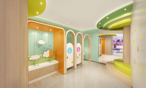 Pediatric Dental Office Design, Elementary School Architecture, Baby Store Display, Bathroom Design Plans, Indoor Playground Design, Indoor Play Centre, Kindergarten Interior, Preschool Designs, Kids Toilet