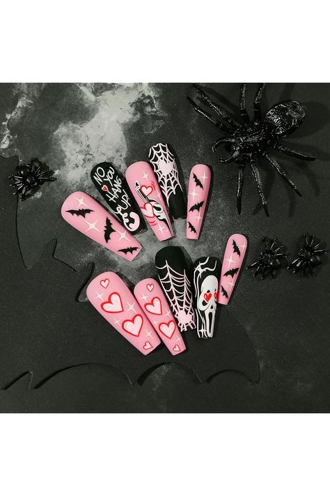 Halloween Press on Nails for Women - Acrylic Glue on Nails - Long Ballerina - Bat Spider Web White Ghost Matte Black - Full Cover Stick on Nails 24Pcs Black Matte Acrylic Nails, Matte Acrylic Nails, Nails Vintage, Halloween Nails Diy, Horror Nails, Press On Nails Long, Fake Nails Long, Ballet Nails, Halloween Press On Nails