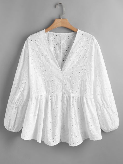 White Boho  Long Sleeve Schiffy Plain Peplum  Non-Stretch Spring/Fall Plus Size Tops White Blouse And Skirt, Short Kurtis, Half Top, Embroidered Tops, Ruffle Hem Blouse, Woman Blouse, Design Blouse, Sewing Clothes Women, Fall Plus Size