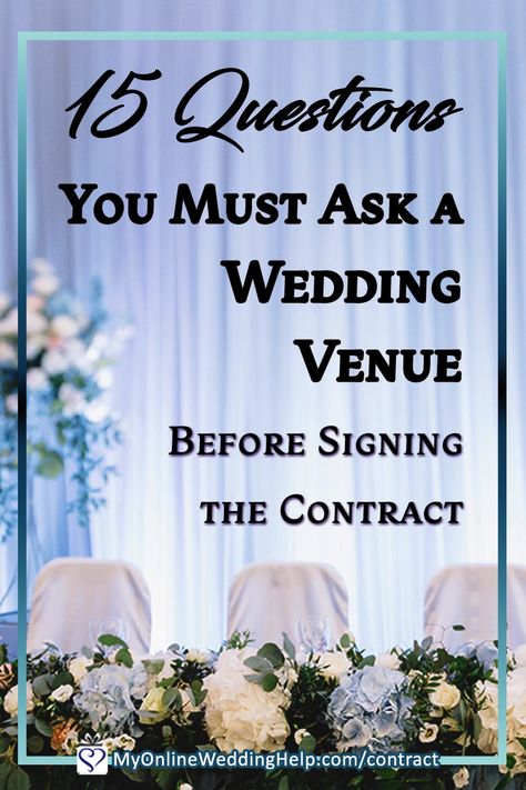 The wedding venue questions are part of a complete wedding venue planning guide. Including what to answer before you look at your first potential venue, 101 questions to ask the venue, and pitfalls to watch for before signing the contract. Especially helpful if you are doing a DIY wedding! Look out for number 100, especially. Read the whole guide on the MyOnlineWeddingHelp.com blog. Wedding Venue Checklist Printable 100 Questions, Questions To Ask Your Venue Weddings, Questions To Ask Wedding Venues Before Booking, Questions To Ask A Venue For A Wedding, Wedding Venue Contract, Things To Ask Wedding Venues, What To Ask Wedding Venues, Wedding Venue Questions To Ask, Questions To Ask Wedding Venues