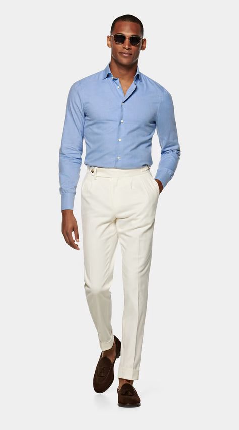 Cream And Blue Outfits Men, Cream Trousers Outfit, Light Blue Shirt Outfit, Blue Shirt Outfit Men, Blue Outfit Men, Denim Shirts For Men, Trousers Outfit Men, Baby Blue Shirt, Casual Denim Shirt