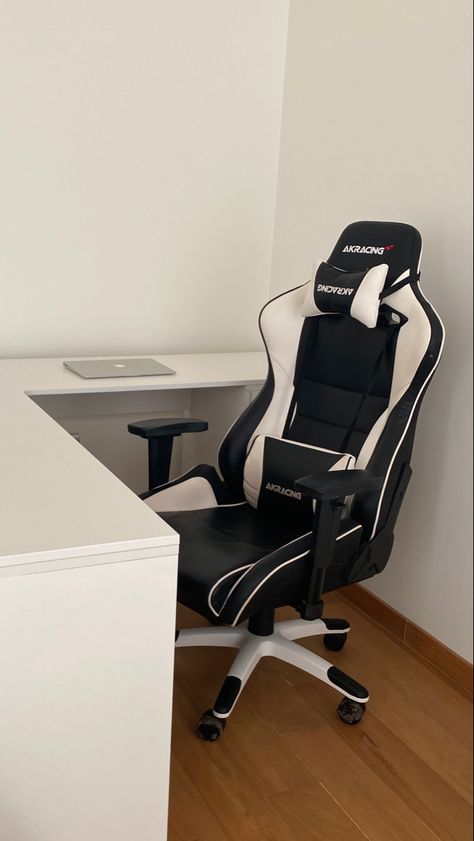 aesthetic, minimalist setup, akracing chair, room decor, room decor ideas, aesthetic setup, minimalist gaming setup Black And White Gaming Chair, Gaming Chair Aesthetic, Black And White Setup, Black Gaming Chair, Black Room Ideas, White Setup, Streamer Aesthetic, Setup Minimalist, White Desk Setup