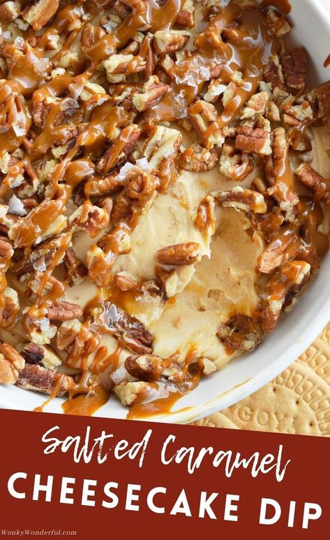 If you need a last minute dessert recipe that is sure to be a hit this Salted Caramel Pecan Cheesecake Dip is it! Caramel marshmallow fluff cream cheese filling is topped with pecans, caramel and flaked salt. This dessert dip is so tasty and only takes 5 minutes to make! Pecan Cheesecake Dip, Caramel Cheesecake Dip, Caramel Pecan Cheesecake, Dessert Dip Recipes, Caramel Apple Dip, Pecan Cheesecake, Salted Caramel Cheesecake, Caramel Dip, Cheesecake Dip