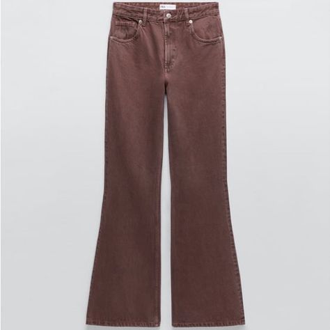 High Rise - Full Length High-Rise Flared Jeans In Canvas. Five Pockets, Zip Fastening And Metal Button.Brand New With Tags. Light Maroon. Full Waist: 28” Length 44” Inseam 32”. 100% Cotton Brown Flare Jeans, Zara Wide Leg Jeans, Full Length Jeans, Brown Flares, Leopard Print Jeans, White Ripped Jeans, Flair Jeans, Grey Denim Jeans, Black Jeans Women