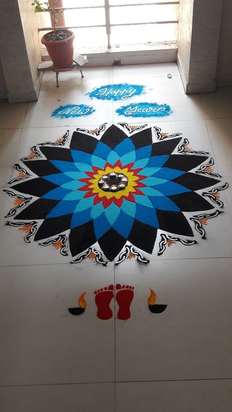 Rangoli Heavy Designs, Rangoli Designs With Water Colours, Rangoli Designs Latest Big Size, Black Colour Rangoli Designs, Mandala Rangoli Designs Latest, Two Color Rangoli, Painting Rangoli Design On Floor, Square Rangoli Designs Latest, Rangoli Well