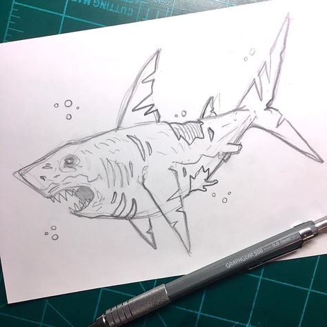 Undead Shark number two. This ones a little messy but this is typically about how far I take a sketch before I start inking. Nothing super… Shark With Mouth Open, Shark Drawing Sketches, Sea Creature Drawing, Sharks Drawing, Hammerhead Shark Drawing, Shark Sketch, Messy Sketches, Little Sketches, Sea Creatures Drawing