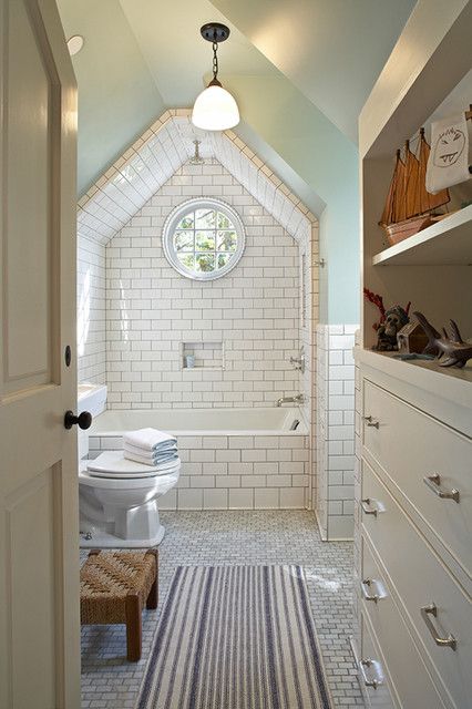 Tim Barber - Vintage bathroom with vaulted ceiling, subway tiles shower surround, green ... Attic Bathrooms, Toilet Mirror, Craftsman Bathroom, Subway Tile Showers, Dirt Cake, Porthole Window, Marble Floors, Small Attic, Attic Conversion