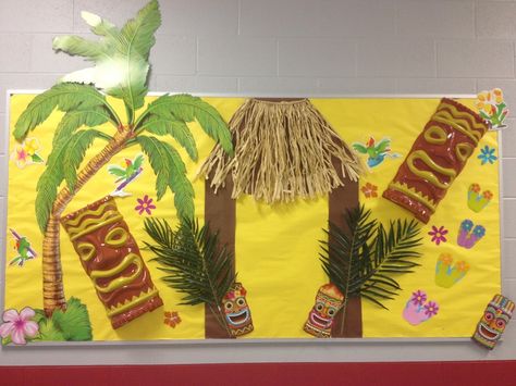 tiki hut bulletin board - Google Search Hawaii Bulletin Board Ideas, Hawaiian Bulletin Board Ideas, Testing Themes, Hoco Decorations, Beach Bulletin Boards, Hawaiian Ideas, Kids Bulletin Boards, Ra Themes, Bathroom On A Budget