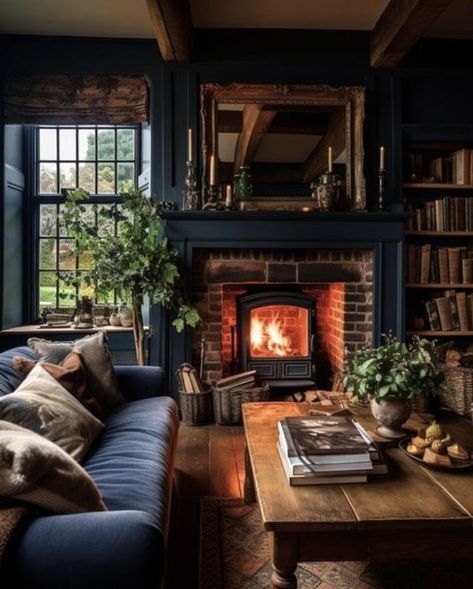 Mountain Aesthetic Living Room, Modern Tudor Interiors Living Room, Medieval Home Interior, Moody Cozy Living Room, Dark Family Room, Modern Cottage Interior Living Room, Cozy Fireplace Seating, Living Room Dark Academia, Moody Home Library