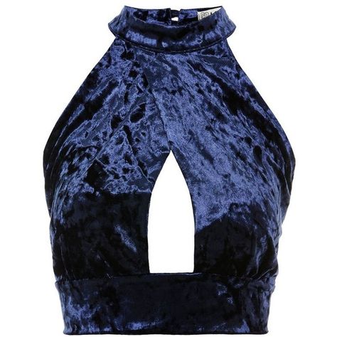 Velvet Tops Outfit, Rich Girl Outfits, Dark Blue Top, Blue Velvet Top, Met Gala Outfits, Crossover Top, Blue Crop Top, Velvet Crop Top, Strap Crop Top