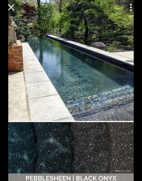 Black Onyx Pebble Sheen Pool, Dark Blue Pool Color, Dark Swimming Pools, Pebbletec Pool Colors, Dark Pool Liner, Black Pools Swimming, Dark Pool Tile, Dark Pool Aesthetic, Dark Bottom Pool