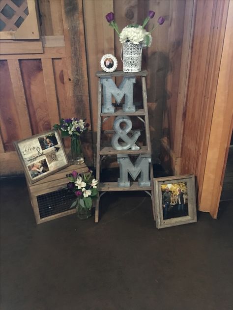 Wedding decorations  Little ladder and tin letters Tin Wedding Decor, Tin Anniversary Party, 10 Year Anniversary Reception, Wooden Ladders Ideas Decor Wedding, 25th Anniversary Party Decorations, Tin/aluminum Anniversary Gifts, 50th Wedding Anniversary Decorations, Tin Anniversary, 25th Anniversary Party