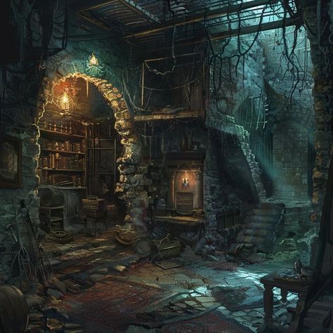 Need a dark adventure? Here are 5 images to help get your mind going! A bloodthirsty noble, an occult collector, a secret library, a vengeful ghost, and a temporal entity. #dndart #bladesinthedark #midjourney #aiart #fantasyart Dnd Dungeon Art, Dungeon Fantasy Art, Dark Fantasy Inspiration, Dark Fantasy Environment, Dnd World, Library Dark, Gothic Library, Secret Library, Fantasy Cottage