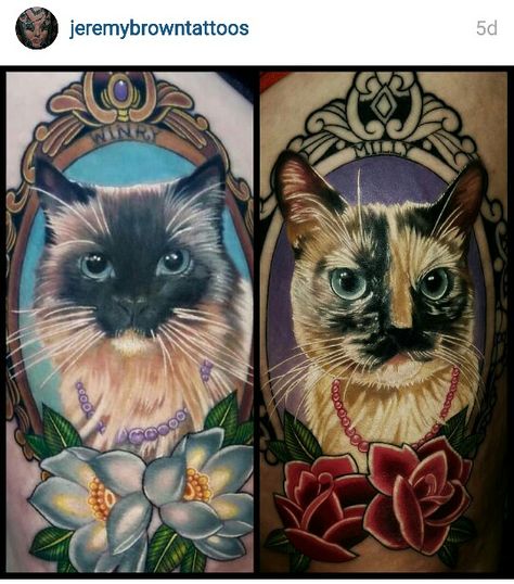 Cat Portraits Done by Jeremy Brown @ Armored Ink VIP Tattoo Studio In Lake Elsinore CA. #cats #pets #tattoo #Portraits #animals Cat Portrait Tattoos, Framed Tattoo, Petit Tattoo, Black Cat Tattoos, Inspiration Tattoos, Cat Tattoo Designs, Geniale Tattoos, Fox Tattoo, Crown Tattoo