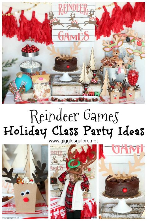 Reindeer games holiday class party ideas! #holidaygames #classparty #christmasparty #holidayparties #partygames Toddler Holiday Party Activities, Class Holiday Party Ideas Kindergarten, Reindeer Games Party Theme, Reindeer Themed Party, Room Mom Christmas Party Ideas, Classroom Christmas Party Ideas 1st Grade, Kindergarten Classroom Christmas Party, Reindeer Class Party, Reindeer Party Theme