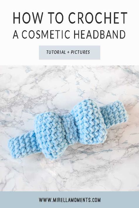 Cosmetic headband with a bow | Crochet pattern | Mirella Moments Crochet Makeup Headband Pattern Free, Crochet Spa Headband Free Pattern, Crochet Skin Care Headband, Crochet Elastic Headband, Crochet Makeup Headband, Crochet Skincare Headband, Crochet Spa Headband, Bow Crochet Pattern, Diy Crochet Headband