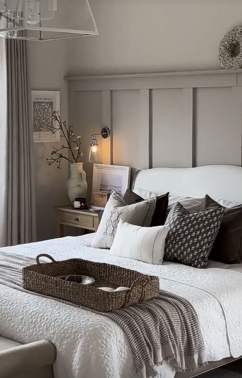 Greige Bedroom Panelling, Very Small Double Bedroom Ideas, Old Bone Colourtrend, Shaker Panelling Bedroom, Greige Bedroom Ideas Decor, Stone Coloured Bedroom, Bedroom Panneling, Skimming Stone Bedroom, Bedroom Chair Rail