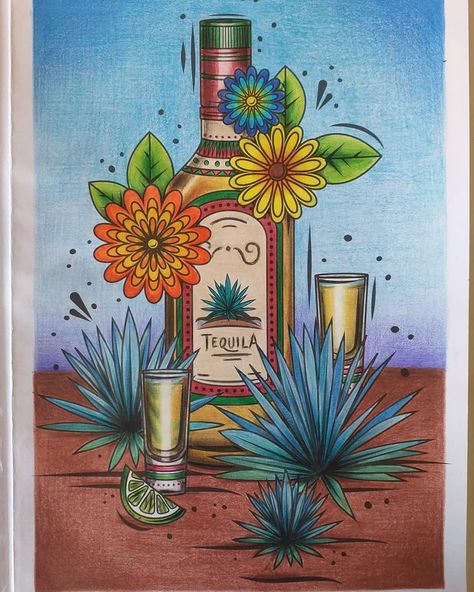 Nayra Montelongo on Instagram: “TEQUILA Y AGAVES (BEBIDA TRADICIONAL) Destilado originario del municipio de Tequila en el estado se Jalisco. Se elabora a partir de la…” Mexico Drawing Ideas, Tequila Drawing, Tequila Painting, Mexican Paintings Ideas, Tequila Art, Mexican Art Painting, Mexican Restaurant Decor, Tequila Agave, Tequila Day