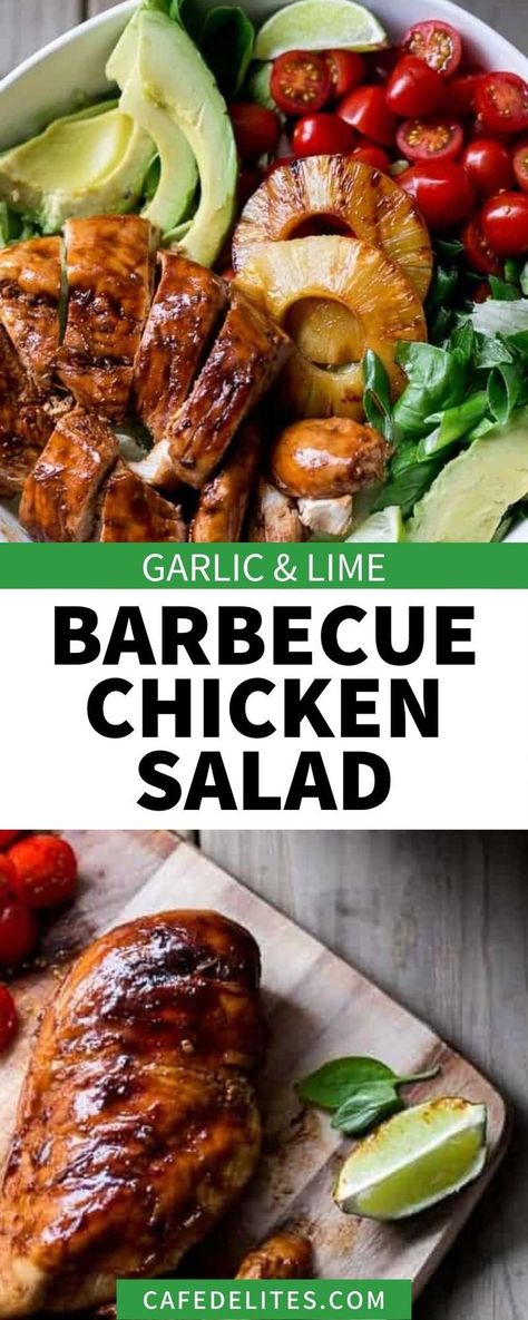 Garlic and Lime Barbecue Chicken Salad is the perfect meal for those hot summer nights when you don't want to cook inside. Barbecue sauce smothered chicken with garlic and a hint of lime, and juicy grilled pineapple so refreshing in this bowl of fresh and crunchy and creamy perfection all in one. Barbecue Chicken Salad, Lime Chicken Salad, Garlic Lime Chicken, Chicken With Garlic, Salad Dinner, Bbq Chicken Salad, Cafe Delites, Smothered Chicken, Tasty Meat