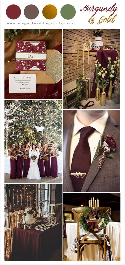 classic burgundy, brown and gold winter wedding color combos December Wedding Colors, Burgundy And Gold Wedding, Gold Winter Wedding, Purple Centerpieces, Gold Wedding Colors, Wedding Color Combos, Winter Wedding Colors, Wedding Themes Winter, December Wedding