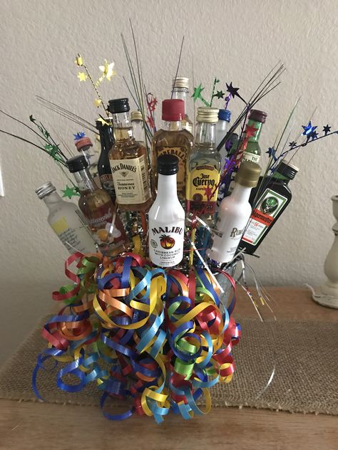 Booze Bucket Ideas, Booze Bouquet Mini Liquor Bottles, Booze Basket Ideas Fun, Liquor Tower, Mini Alcohol Bouquet, Huddle Board, Dollar Gifts, Booze Bouquet, Alcohol Bouquet