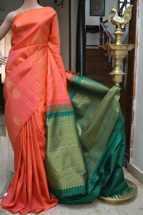 Coral and green Green Silk Saree, Coral And Green, Traditional Attires, Modern Saree, Saree Designs Party Wear, Designer Saree Blouse Patterns, Bridal Sarees, Art Silk Sarees, Saree Trends