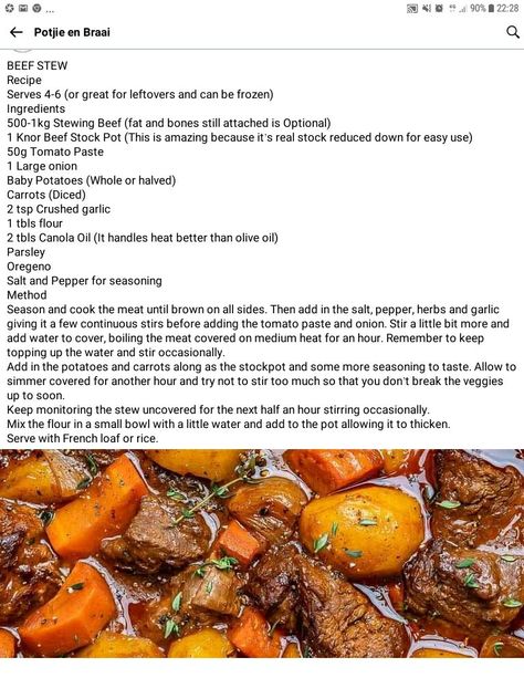 Kook Kos Resepte, Potjiekos Recipes South Africa, Vleis Geregte, Delicious Crockpot Recipes, Bunny Chow, Baking Easy, Wholesome Meals, Homemade Cookbook, Easy Meat Recipes