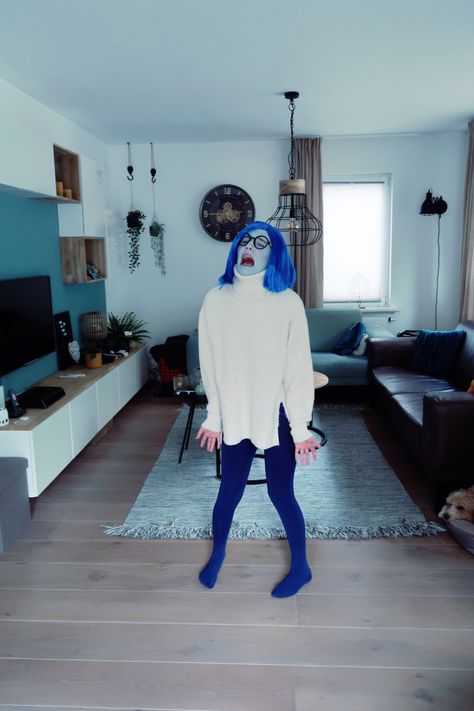 A girl with a blue wig, big glasses, and w white turtle neck jumper. Her skin is blue and she looks rather upset Inside Out Costume, Spooky Stuff, Sparkle Skirt, Running Costumes, Halloween 2017, People Laughing, Themed Outfits, Costume Ideas, Halloween Costume