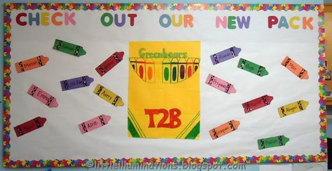 yellow poster board for crayon box...new class bulletin board | little illuminations Crayon Bulletin Boards, Welcome Bulletin Boards, Kindergarten Bulletin Boards, Class Bulletin Boards, Bulletin Boards Theme, Preschool Boards, Classroom Bulletin Board, Boards Ideas, Preschool Bulletin