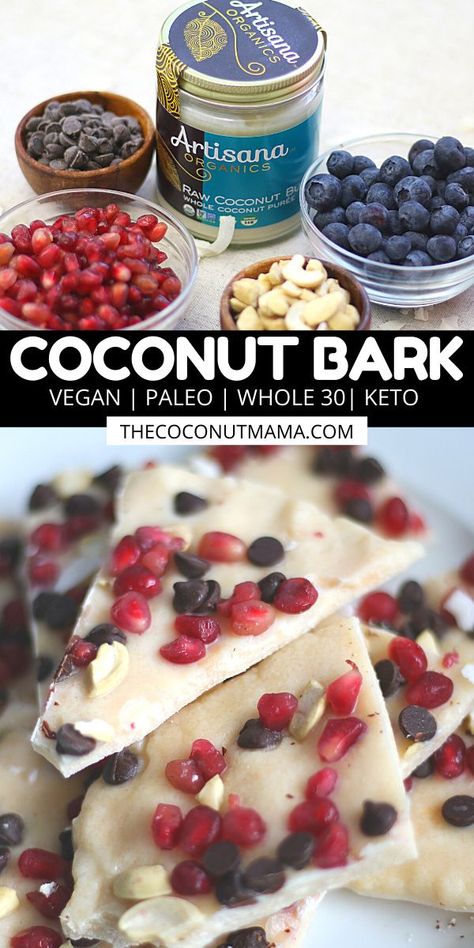 This coconut bark is a delicious treat made with coconut butter, coconut oil, honey (or stevia), and topped with nuts, dried fruit, and chocolate. Coconut Oil Snacks, Recipes With Coconut Butter, Coconut Manna Recipes, Paleo Junk Food, Coconut Butter Recipes, Aip Paleo Desserts, Coconut Bark, Aip Snacks, Paleo Candy