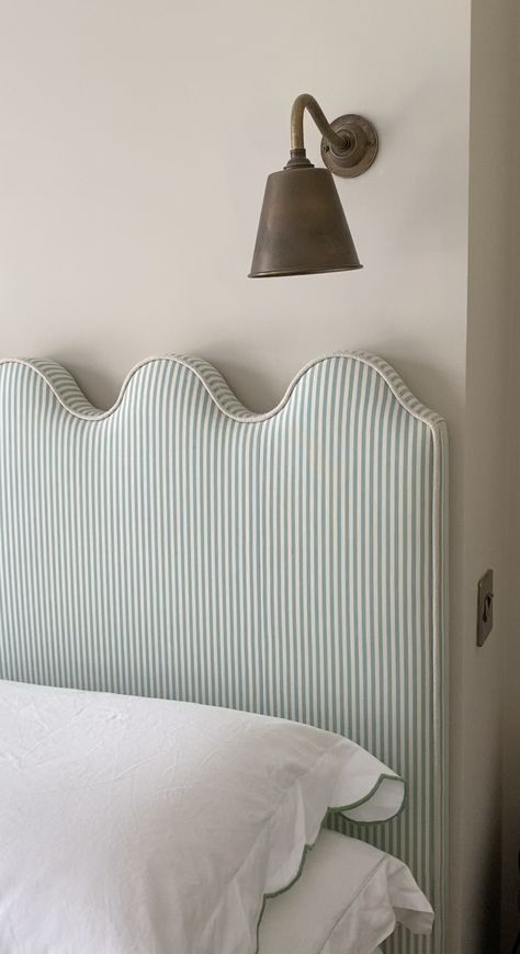 SHOP — BY LYDIA Guest Bedroom Headboard, Upulstored Headboard, Scalloped Headboard Bedroom, Avant Basic Bedroom, Ticking Headboard, Modern Cottage Bedroom Ideas, Bedheads Upholstered, Scallop Headboard, Curvy Headboard