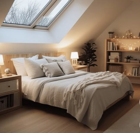 Cosy Loft Bedroom Ideas, Modern Attic Bedroom Designs, Eaves Bedroom Ideas, Converted Attic Bedroom, Under Roof Bedroom, Velux Bedroom, Minimalist Loft Bedroom, Attic Spaces Low Ceiling, Slanted Ceiling Bedroom Ideas Decor