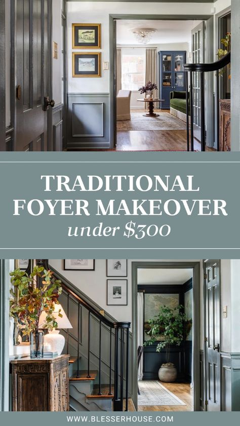 A Cheap & Cozy Entryway Décor Makeover Under $300. Looking for an affordable way to update your foyer? We recently did an entryway makeover for less than $300, and I’m sharing all the details! From entryway table styling to a stairway gallery wall, I’ll show you how we refreshed our hallway with budget-friendly ideas. Click through to see our cheap foyer décor and entryway makeover. Entryway ideas, foyer décor, cheap home décor entryway Historic Home Foyer, Victorian Foyer Ideas Entryway, Stairway Decorating Entryway, Colonial Entryway Foyers, Colonial House Entryway, Interior Front Door Decor, Front Entryway Ideas With Stairs, Foyers Ideas Entryway, Entryway Columns