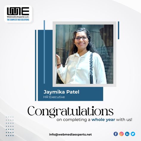 Congratulations to Jaymika Patel, our HR executive, on successfully completing one full year with us! We sincerely appreciate your valuable contributions to our team, and we are grateful for the positive impact you have made, creating a better workplace for all. . . . . . #webmediaexperts #webdevelopment #workanniversary #workanniversarycelebration #employeeappreciation #employeeanniversary #workculture #appreciationposts #congratulations #teamwork #anniversary #gratitude Work Anniversary Post, Hr Executive, Anniversary Post, We Are Grateful, Work Anniversary, Work Culture, Employee Appreciation, Anniversary Celebration, Teamwork