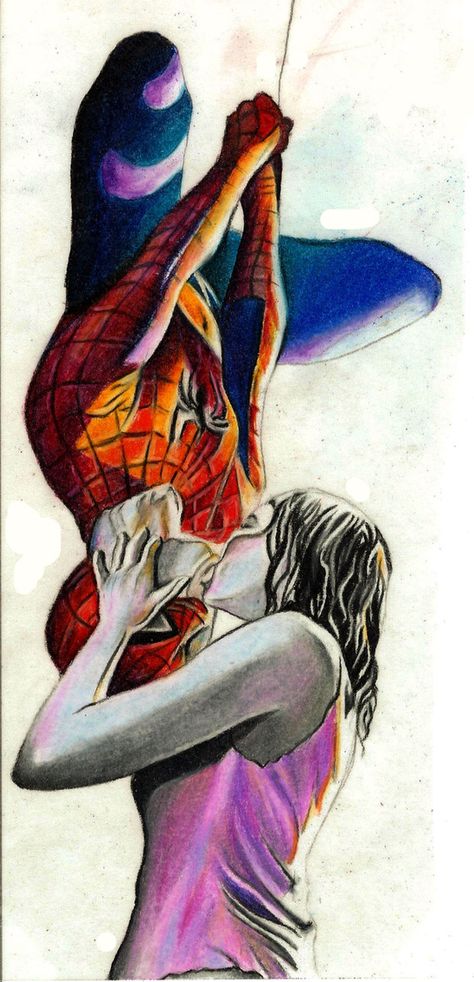 The spidey kiss Drawing Kissing, Spiderman Upside Down, Upside Down Drawing, Spiderman Kiss, Kissing Drawing, Kiss Painting, Spiderman Drawing, Alex Ross, Colored Pencil Drawing