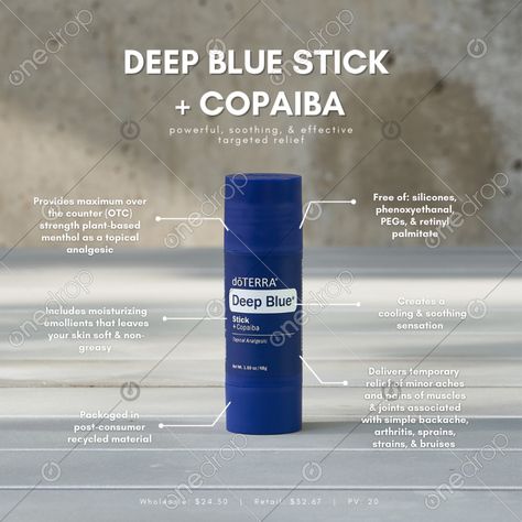 Deep Blue + Copaiba Stick2021 New ProductPowerful, soothing, targeted, and effective relief in a mess free application. Clean and simple IG post image highlighting some of the benefits and info about this new deep blue stick. #Deep Blue Stick #deep blue #deep blue plus copaiba #deep blue and copaiba #deep blue stick info #new product #new products 2021 #Deep Blue Instagram #wellnessadvocate #doterra #wellnessstockphotos #onedropdesigns #doterrawellnessadvocate #doterratips #doterragraphics #dote Deep Blue Doterra, Blue Instagram, Doterra Wellness Advocate, Ig Post, Doterra, Deep Blue, Beverage Can, Benefits, Social Media